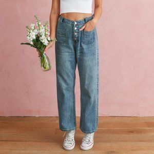 Breath of Youth Wide Leg Button Front High Rise Medium Wash Denim Sailor Jeans